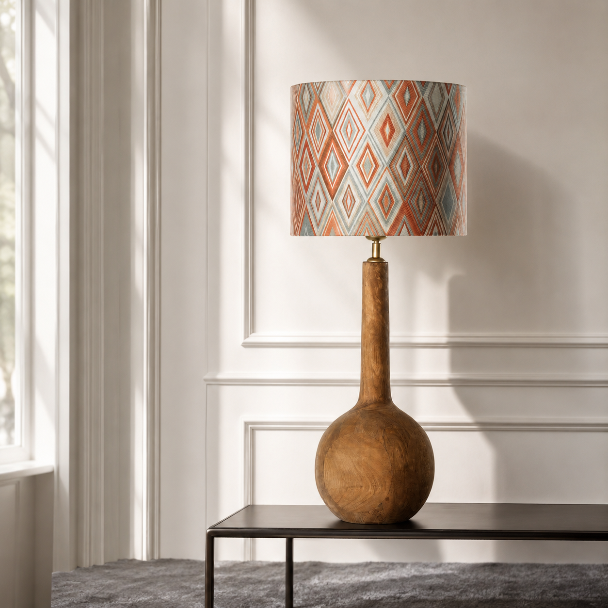 Lampe de table Niels 8640G Naturel styled in a modern luxury interior room setting avec natural sunlight, velvet carpet and classic framing, photorealistic product photography by Marcottestyle