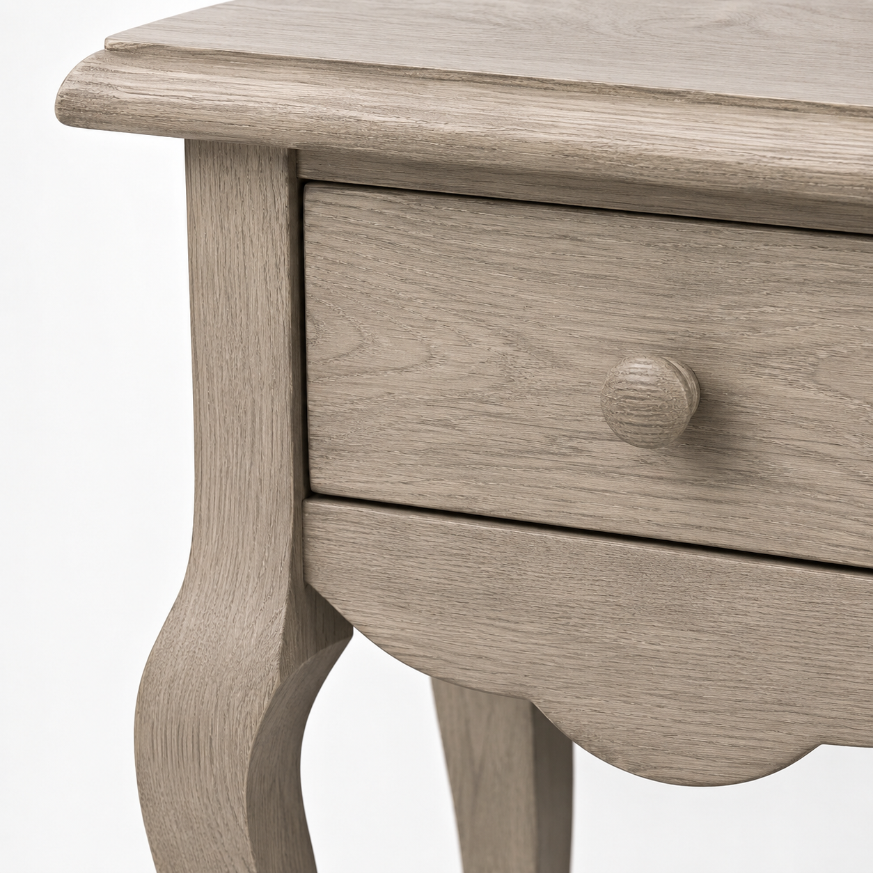 Close-up of the solid oak finish and detailing of the Cahors nightstand