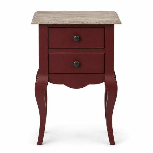 Cahors nightstand in bordeaux with oak top, front view on white background