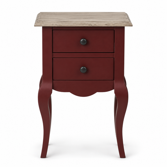 Cahors nightstand in bordeaux with oak top, front view on white background