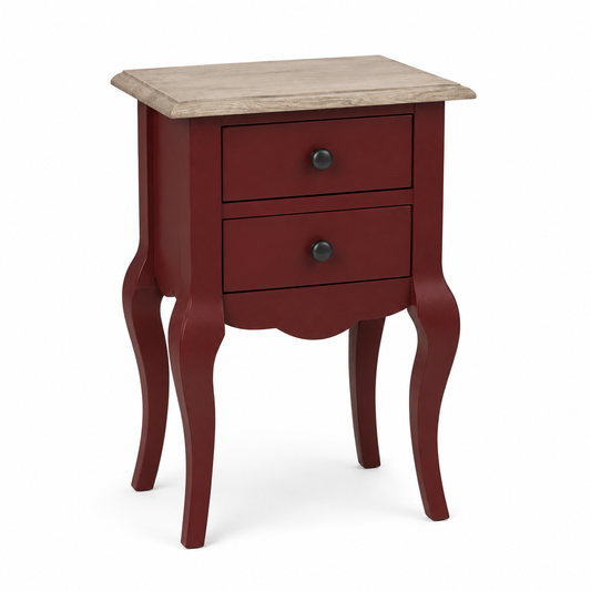Cahors nightstand in bordeaux with oak top, three-quarter angle view