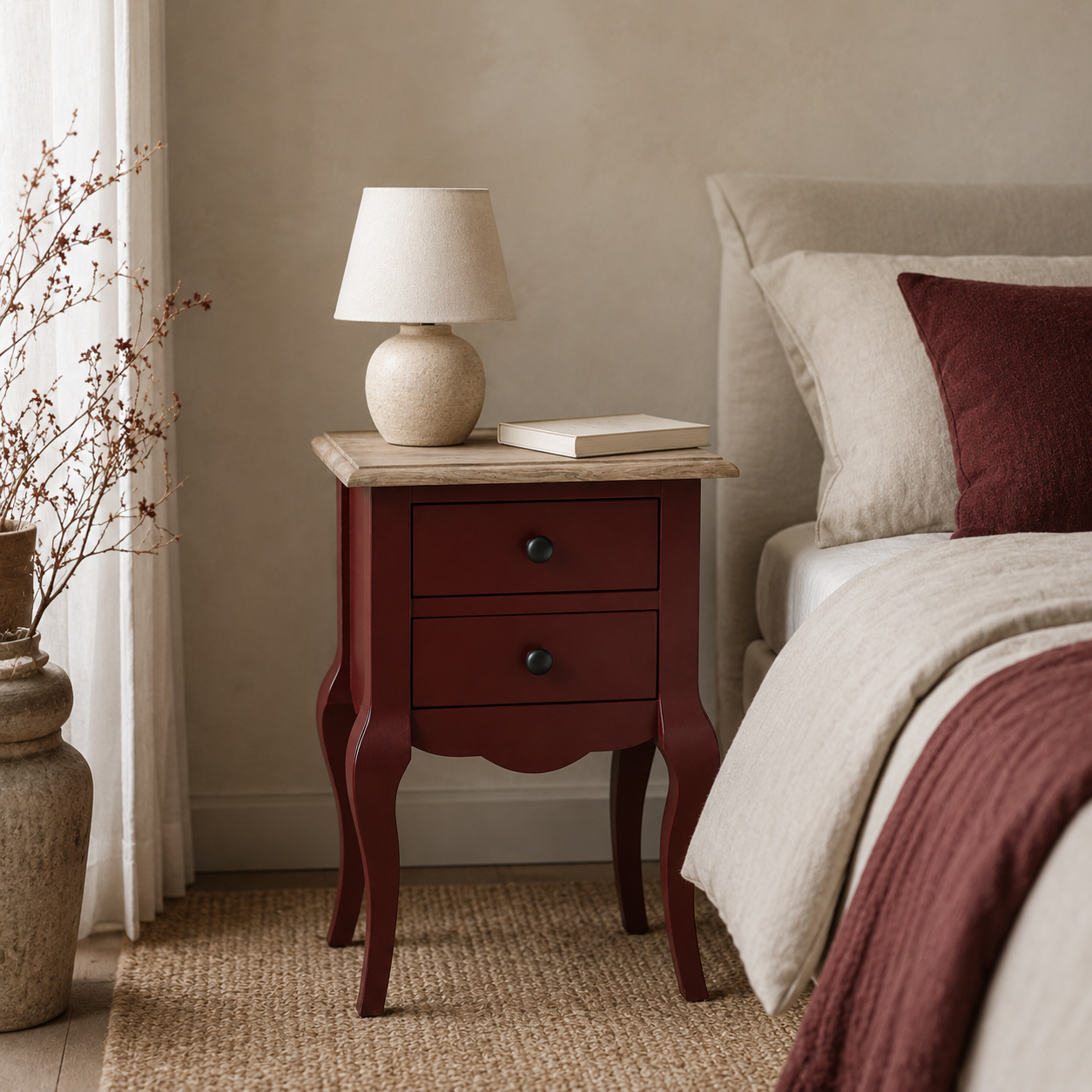 Cahors nightstand in bordeaux with oak top styled in a bedroom