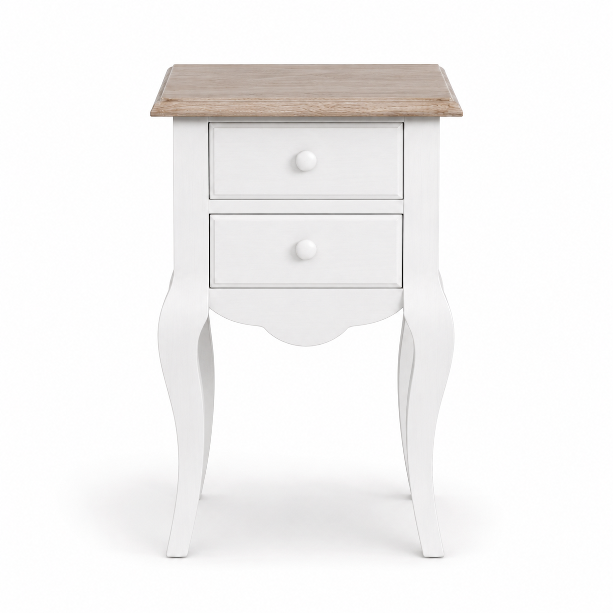 Cahors nightstand in white with oak top, front view on white background