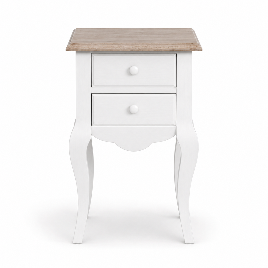Cahors nightstand in white with oak top, front view on white background