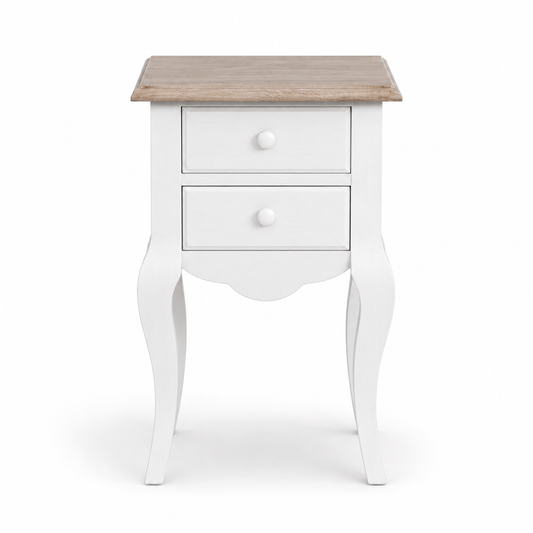 Cahors nightstand in white with oak top, front view on white background