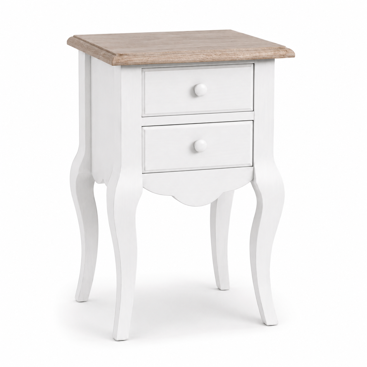 Cahors nightstand in white with oak top, three-quarter angle view