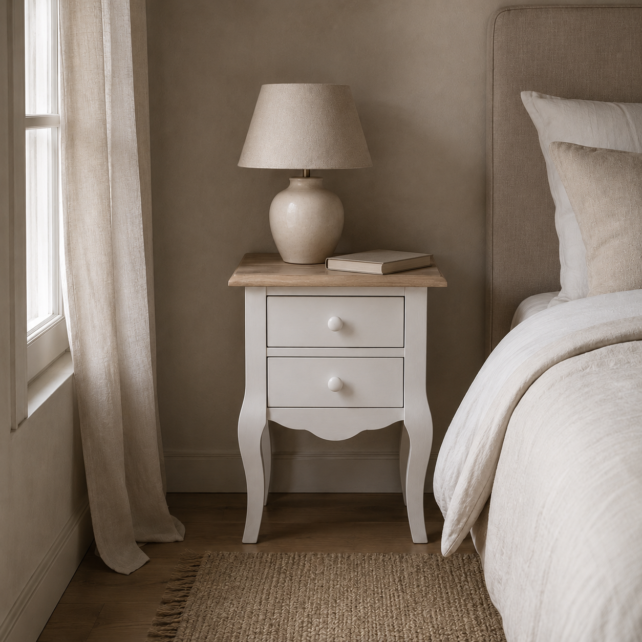 Cahors nightstand in white with oak top styled in a bedroom