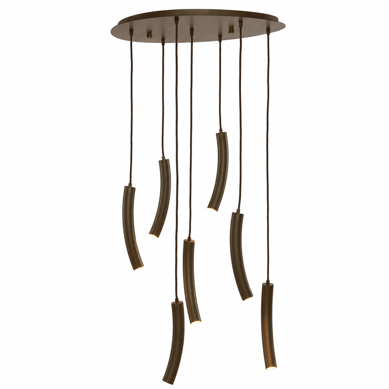 Suspension Niko 8744K bronze avec lights softly illuminated through the fabric shade, front view on white background showing warm glow effect by Marcottestyle