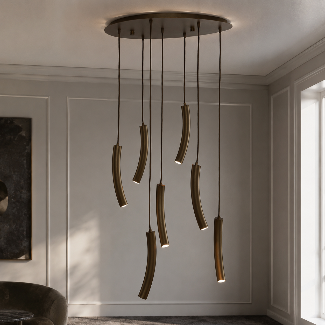 Suspension Niko 8744K bronze styled in a modern luxury interior room avec natural window lighting and photorealistic setting by Marcottestyle