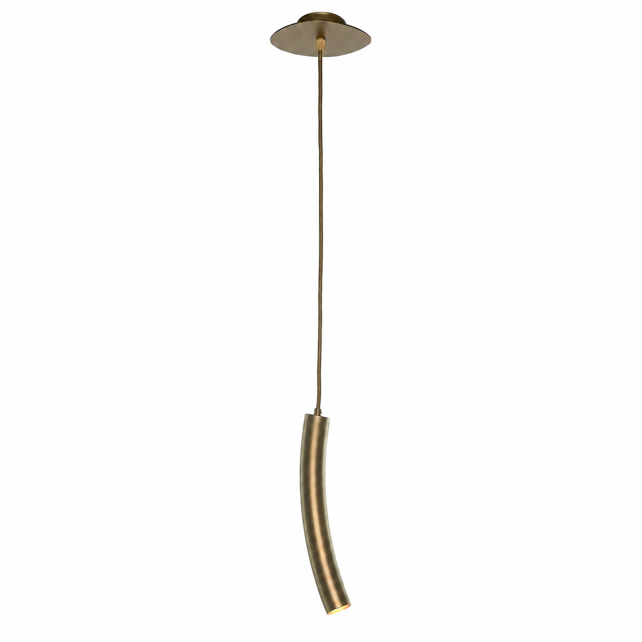 Suspension Niko 8946I bronze avec light turned on, front view showing warm glow through fabric shade on white background, professional product photography highlighting illuminated details by Marcottestyle