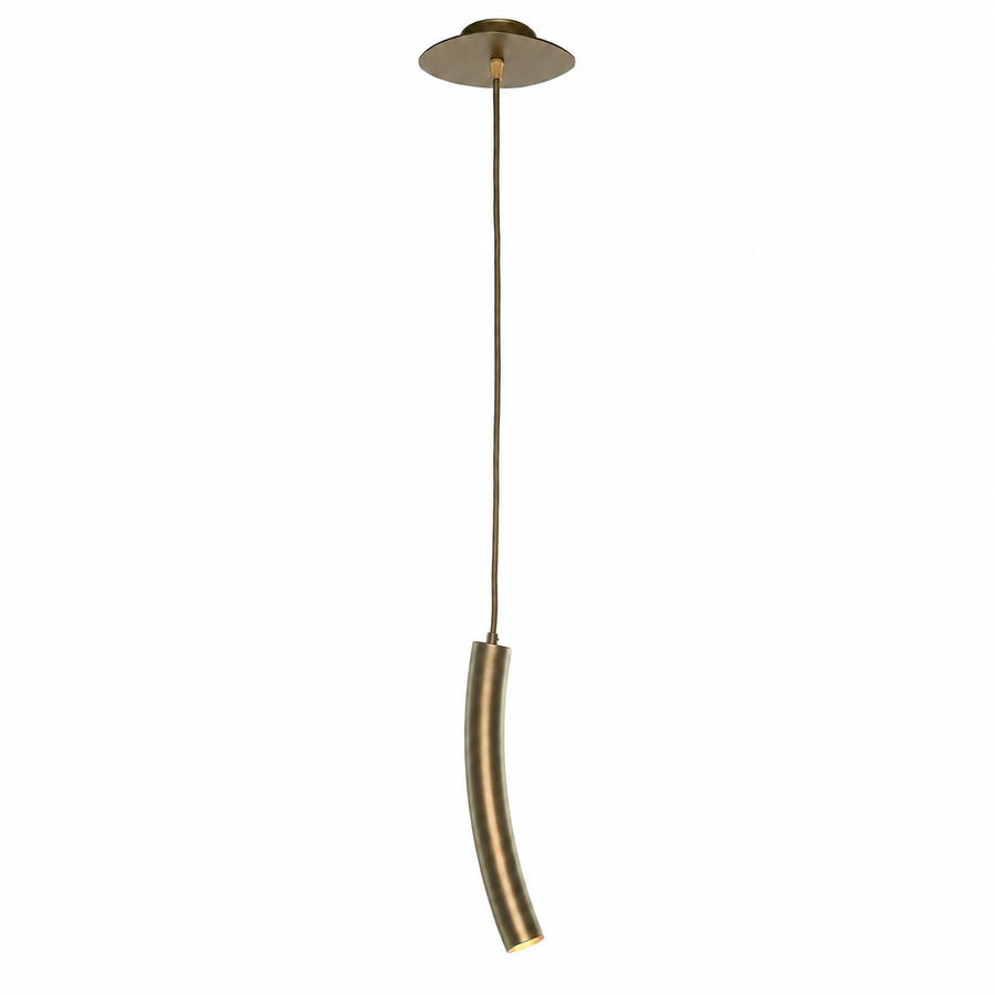Suspension Niko 8946I bronze avec light turned on, front view showing warm glow through fabric shade on white background, professional product photography highlighting illuminated details by Marcottestyle