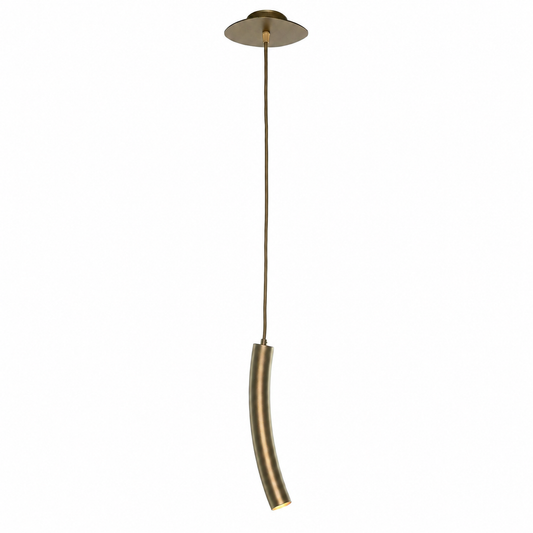 Pendant Light Niko 8946I bronze with light turned on, front view showing warm glow through fabric shade on white background, professional product photography highlighting illuminated details by Marcottestyle