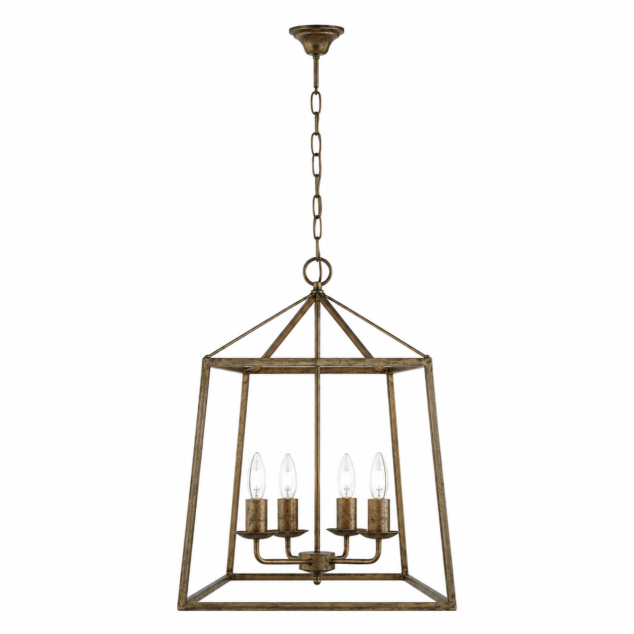 Nina 8541D rust-finished trapezium pendant light with 4 E27 candle-style lampholders, square 45cm contemporary classic ceiling lantern for dining table, kitchen island and entrance hall - studio front view on pure white background by Marcottestyle