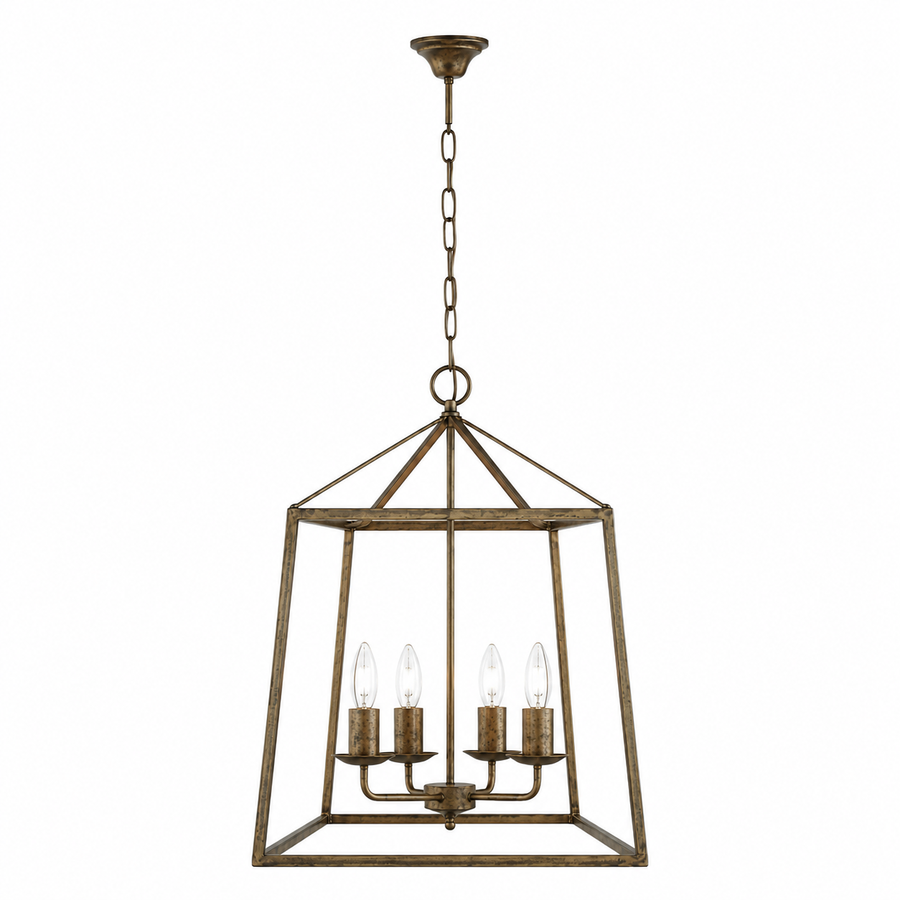 Nina 8541D rust-finished trapezium pendant light with 4 E27 candle-style lampholders, square 45cm contemporary classic ceiling lantern for dining table, kitchen island and entrance hall - studio front view on pure white background by Marcottestyle