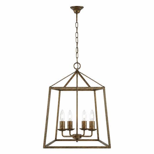 Nina 8541D rust-finished trapezium pendant light with 4 E27 candle-style lampholders, square 45cm contemporary classic ceiling lantern for dining table, kitchen island and entrance hall - studio front view on pure white background by Marcottestyle