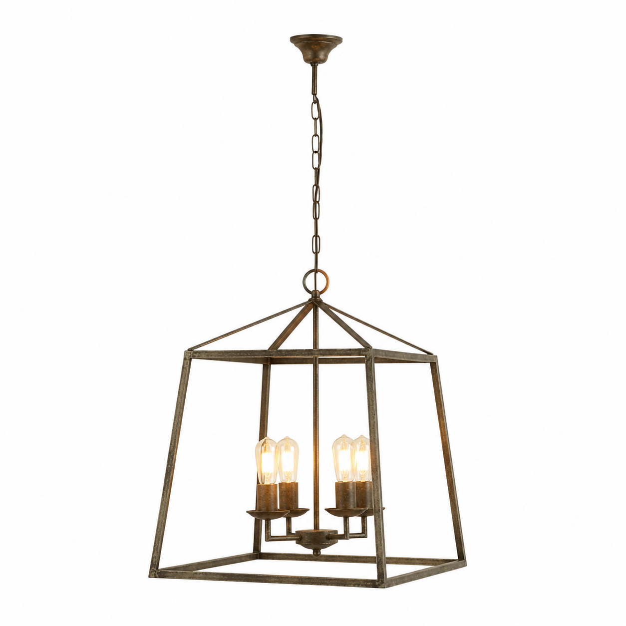 Nina 8541D rust pendant light with 4 candle bulbs gently illuminated showing warm ambient glow inside the open trapezium frame, 4xE27 contemporary classic ceiling lantern - studio front view on white background by Marcottestyle