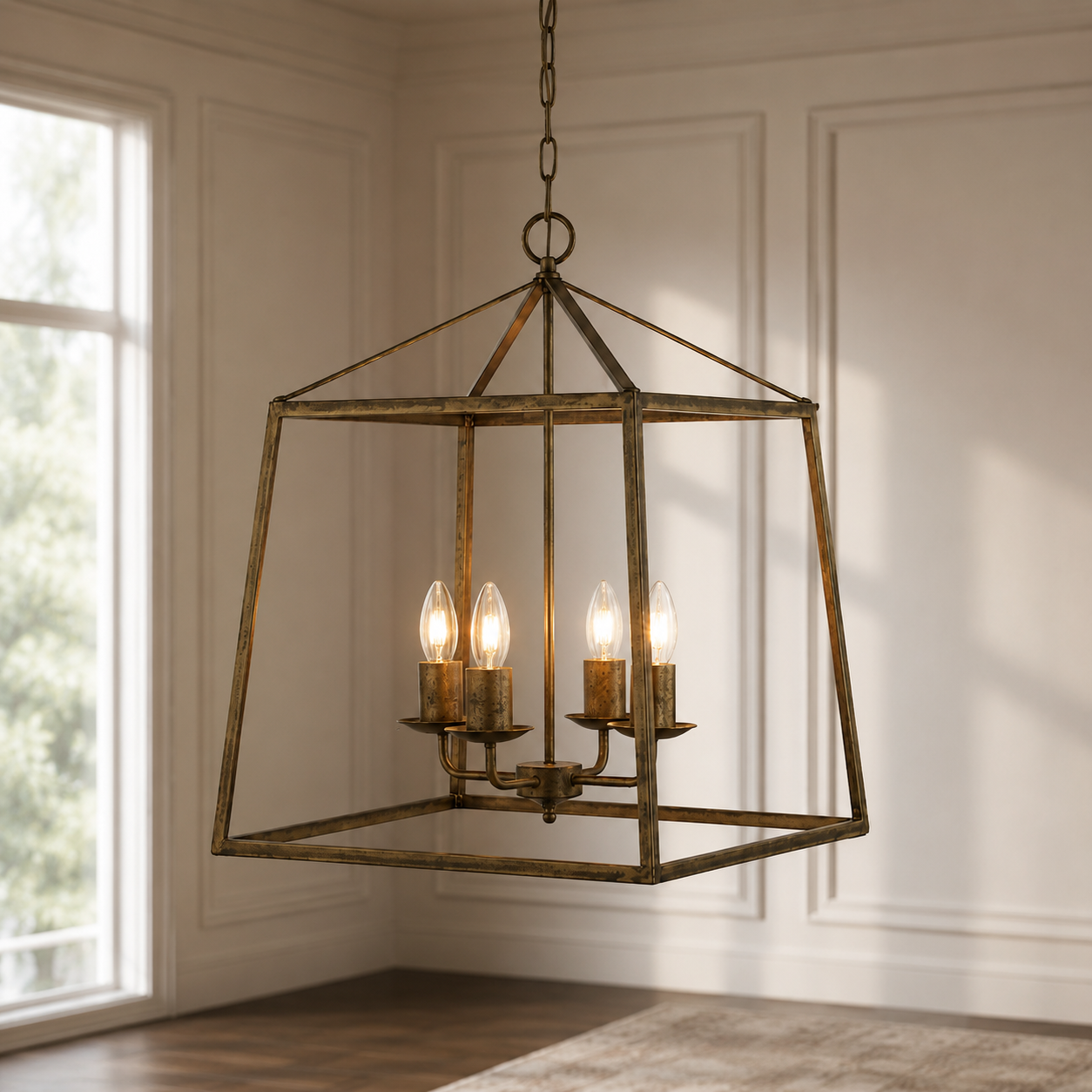Nina 8541D rust pendant light installed in a modern room with white classic wall paneling, large window with natural sunlight and velvet carpet, 4xE27 trapezium ceiling lantern lifestyle shot by Marcottestyle