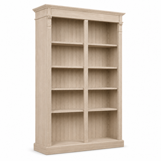 Classic solid oak Meursault open bookcase, three-quarter view showing adjustable shelves and proportions