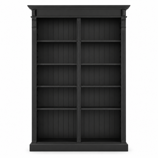 Classic black solid pine Meursault open bookcase with cornice, 135 cm wide, front view