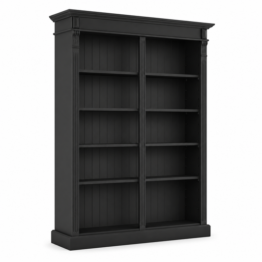 Classic black Meursault open bookcase, three-quarter view showing fluted pilasters and proportions