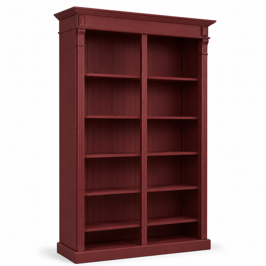 Classic bordeaux Meursault bookcase, three-quarter view showing cornice, adjustable shelves and proportions