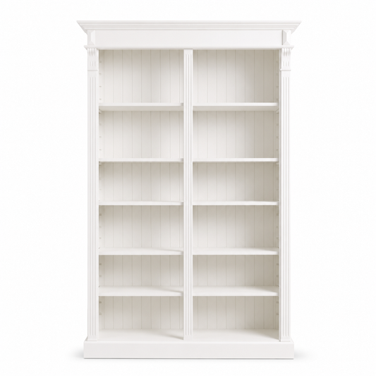 Classic white pine Meursault bookcase with cornice and fluted columns, 135 cm wide, front view