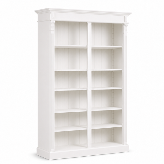 Classic white Meursault bookcase, three-quarter view showing fluted columns and slim proportions