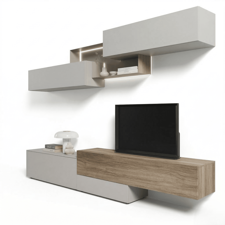 Orviano Luxury Italian TV Wall Unit | Floating Designer Media Console with LED Display Shelves - Marcottestyle Shop
