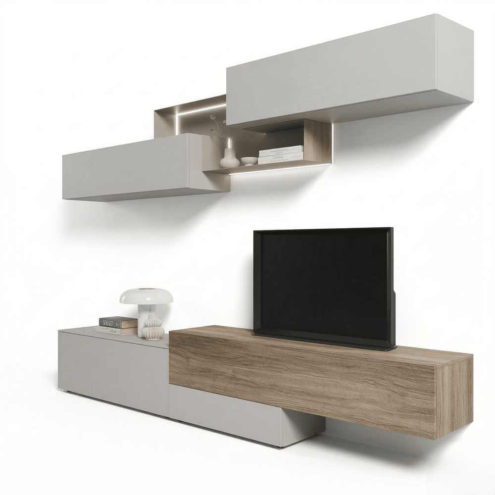 Orviano Luxury Italian TV Wall Unit | Floating Designer Media Console with LED Display Shelves - View 2