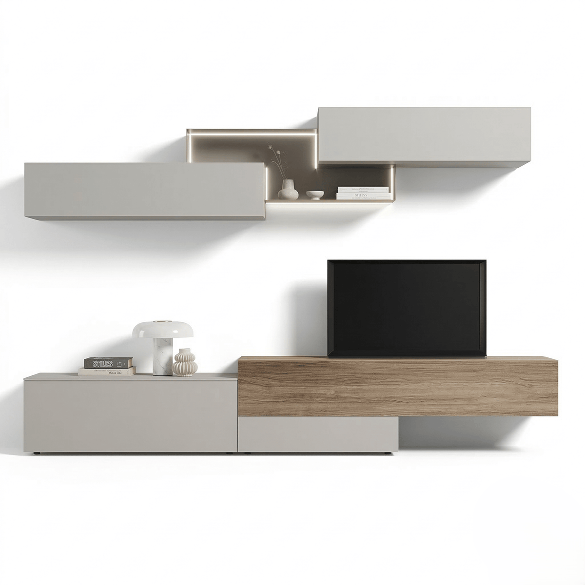 Orviano Luxury Italian TV Wall Unit | Floating Designer Media Console with LED Display Shelves - Marcottestyle Shop | Marcottestyle