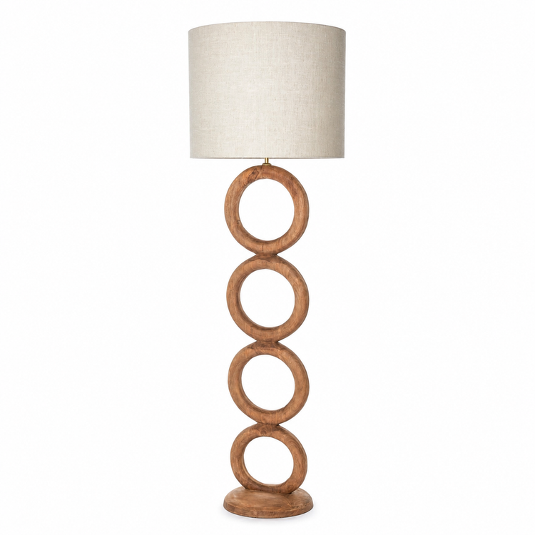 Floor Lamp Oskar 1408T front view on white background, natural metal finish with linen cylinder shade, professional studio lighting showing detailed fabric texture and elegant silhouette by Marcottestyle