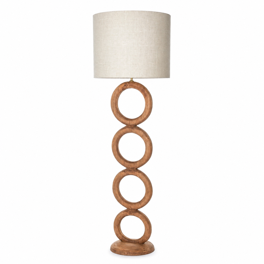 Lampadaire Oskar 1408T front view on white background, natural metal finish avec linen cylinder shade, professional studio lighting showing detailed fabric texture and elegant silhouette by Marcottestyle