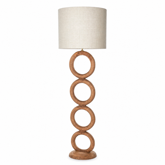 Floor Lamp Oskar 1408T front view on white background, natural metal finish with linen cylinder shade, professional studio lighting showing detailed fabric texture and elegant silhouette by Marcottestyle