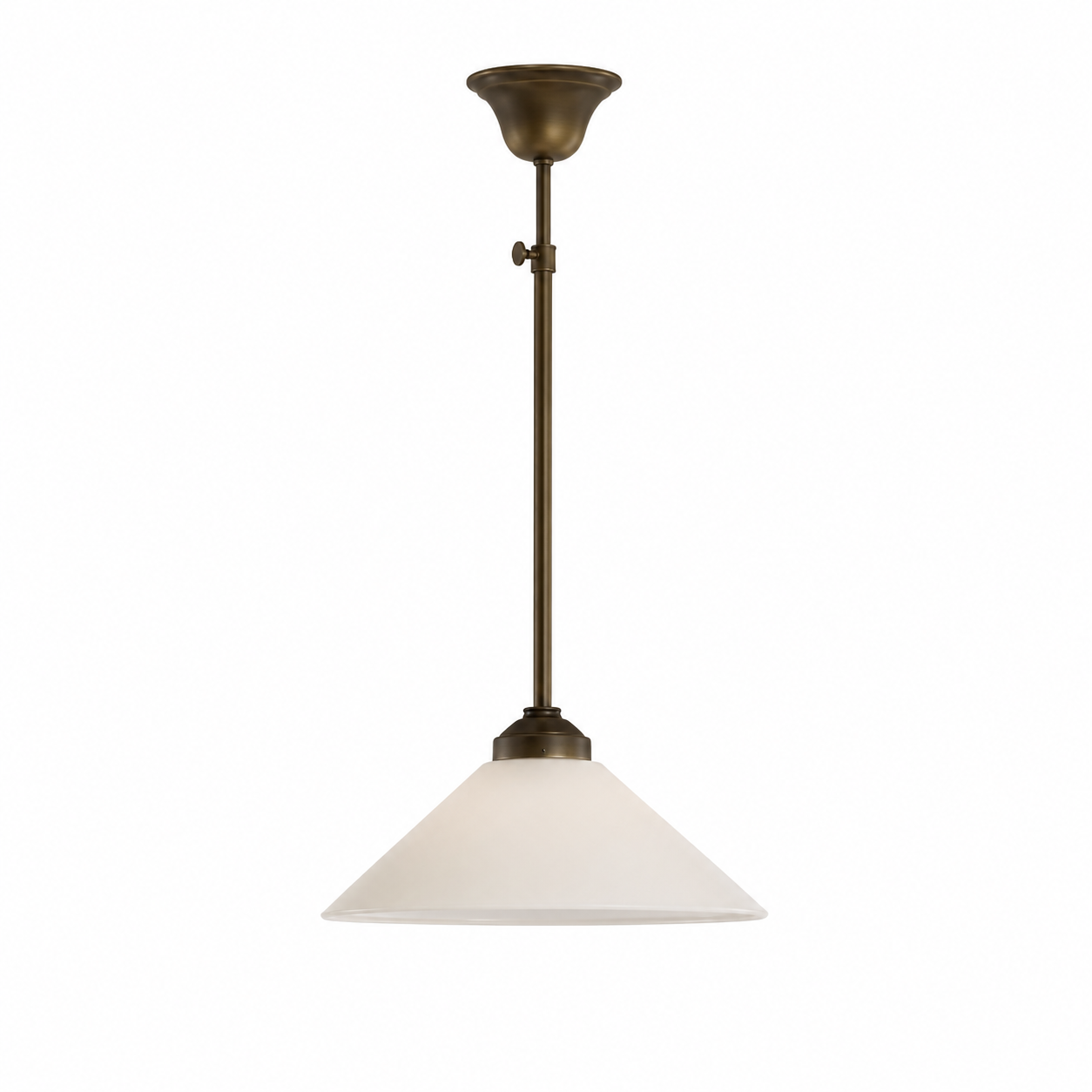 Hängelampe Finn 4534Z single E27 bulb in dark bronze finish, front view on pure white background mit soft studio lighting and subtle shadow beneath the base, by Marcottestyle