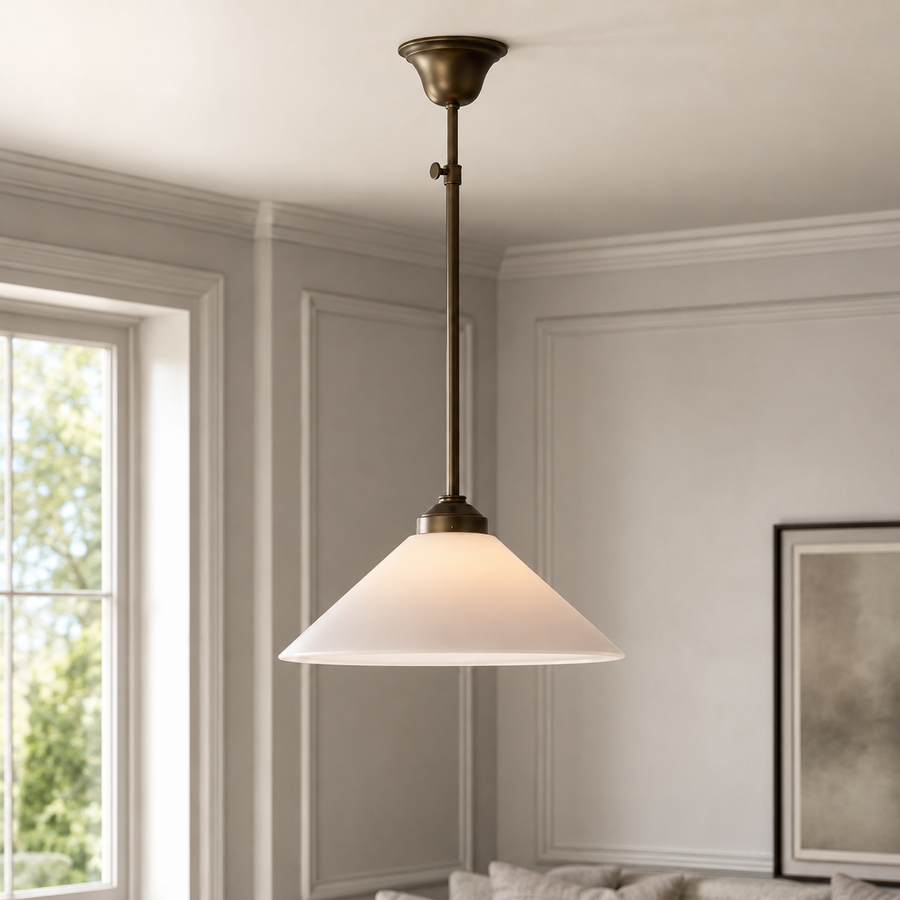 Hängelampe Finn 4534Z dark bronze pendant lamp styled in a modern luxury room interior mit natural window light reflections and velvet carpet, photorealistic setting, by Marcottestyle