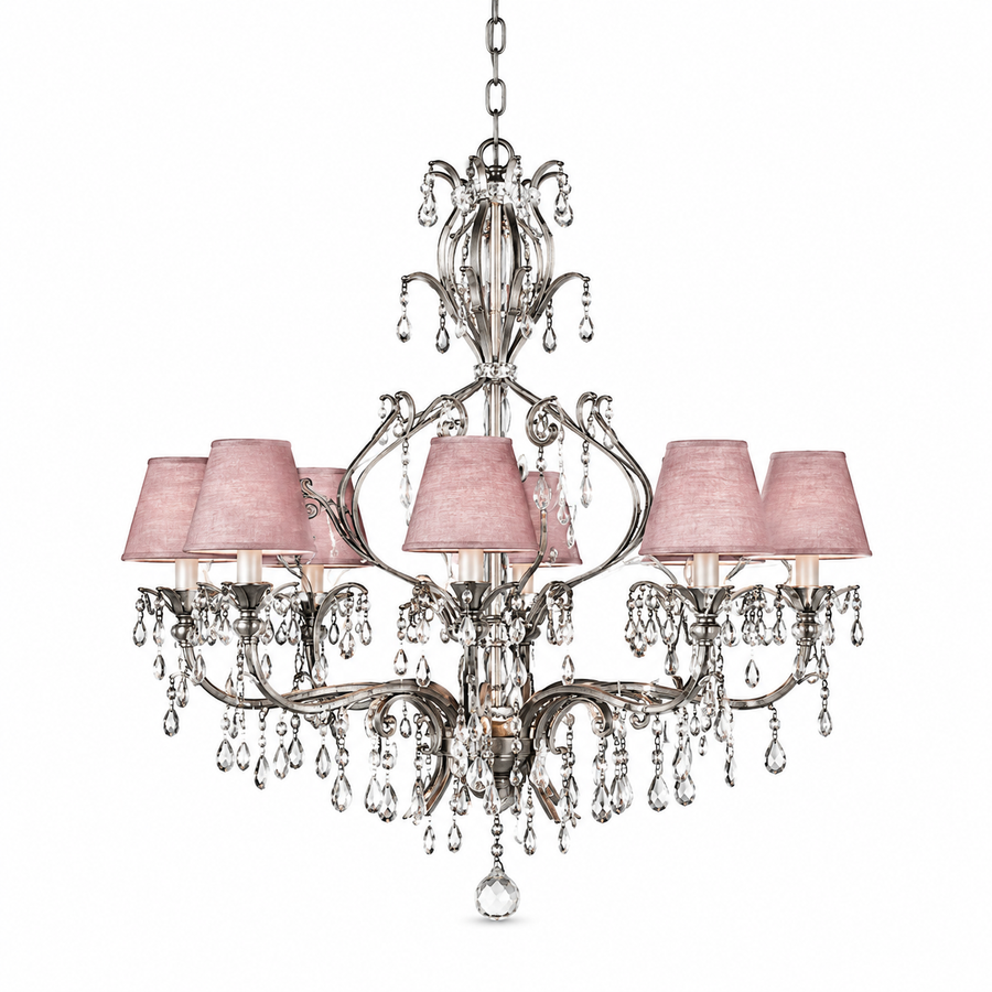 Hängelampe Gus 3680V front view, antique silver 8-arm chandelier mit pink fabric shades, professional studio shot on pure white background mit soft shadow by Marcottestyle
