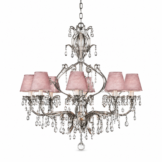 Pendant Light Gus 3680V front view, antique silver 8-arm chandelier with pink fabric shades, professional studio shot on pure white background with soft shadow by Marcottestyle