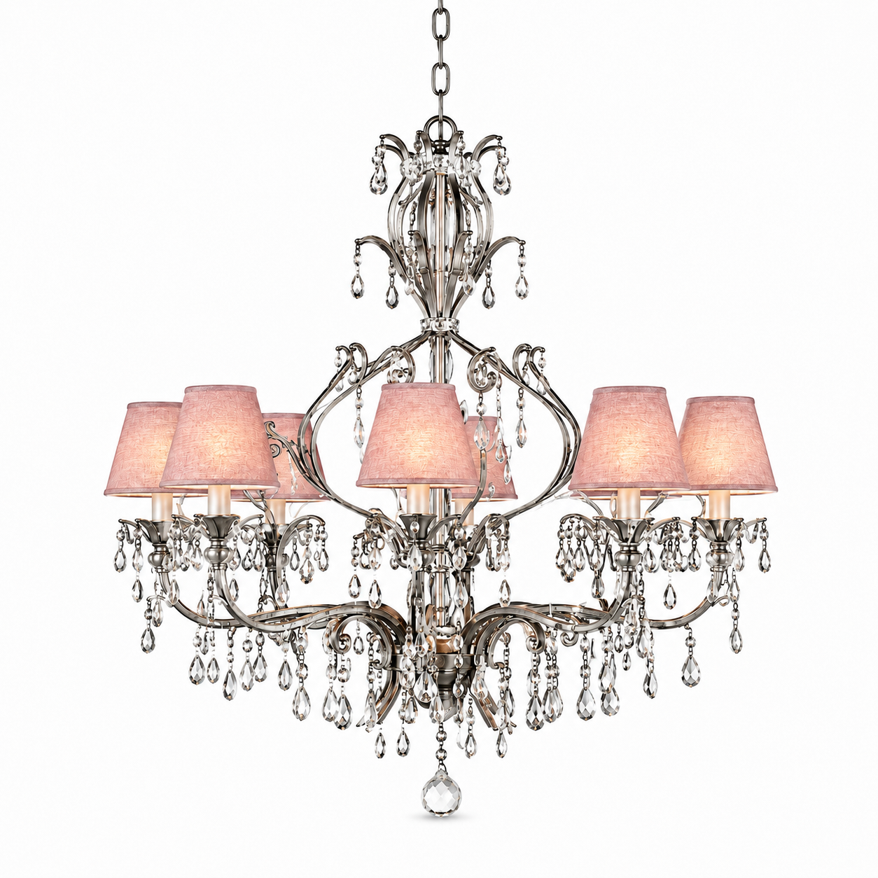 Hängelampe Gus 3680V mit lights on, antique silver chandelier glowing softly through pink fabric lampshades, studio product photography on white background by Marcottestyle