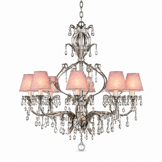 Pendant Light Gus 3680V with lights on, antique silver chandelier glowing softly through pink fabric lampshades, studio product photography on white background by Marcottestyle