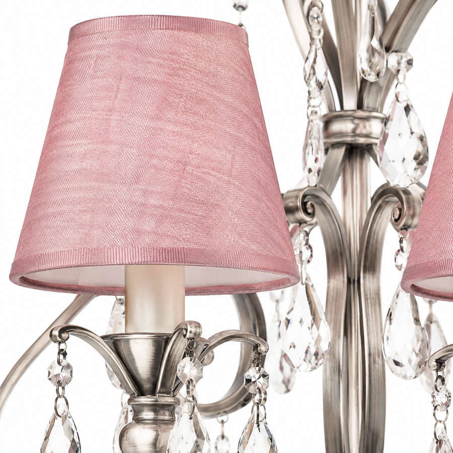 Close-up macro detail of Hängelampe Gus 3680V showing intricate antique silver metalwork texture and pink fabric shade weave pattern in high resolution by Marcottestyle