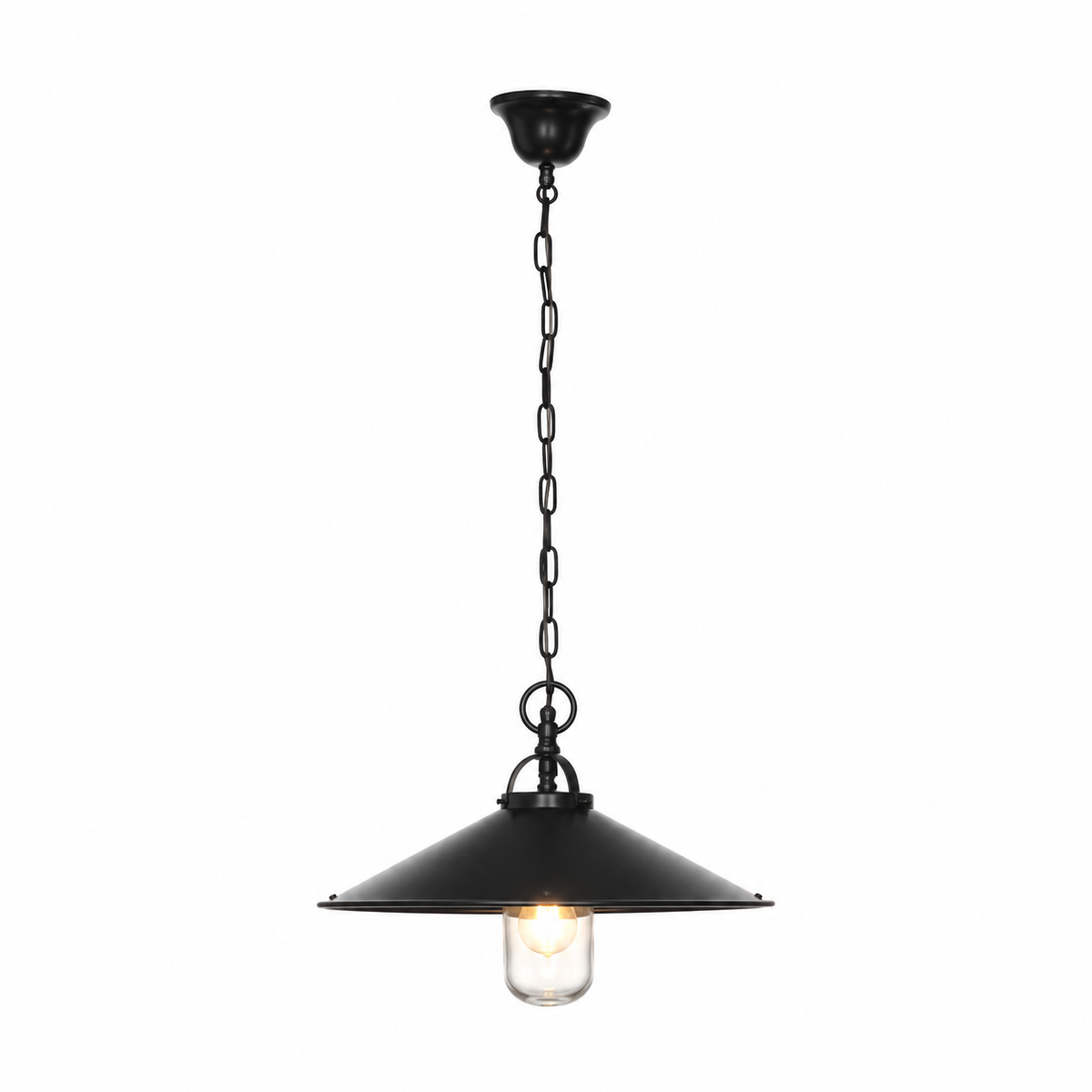 Pendant Light Iris 7952M bronze dark with lights turned on showing warm glow through shade fabric, front view on white background with subtle contact shadows professional product photography by Marcottestyle