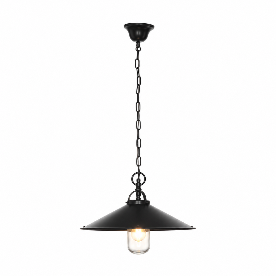 Suspension Iris 7952M bronze dark avec lights turned on showing warm glow through shade fabric, front view on white background avec subtle contact shadows professional product photography by Marcottestyle