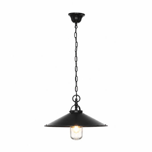 Pendant Light Iris 7952M bronze dark with lights turned on showing warm glow through shade fabric, front view on white background with subtle contact shadows professional product photography by Marcottestyle