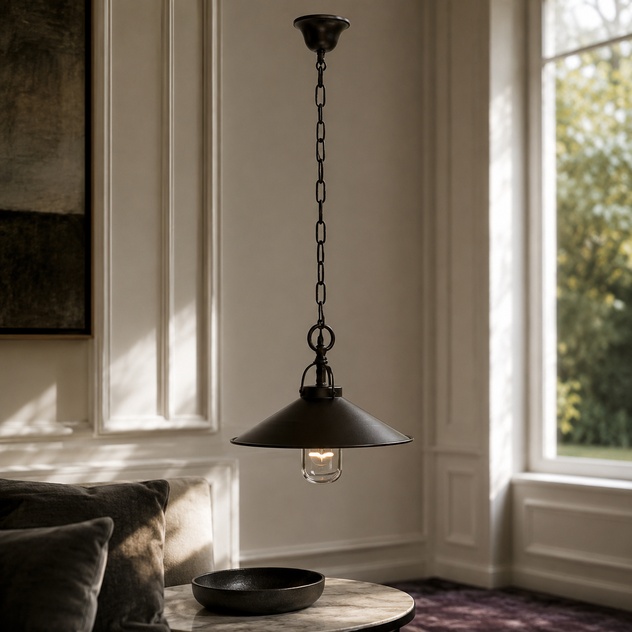 Suspension Iris 7952M bronze dark pendant lamp styled in modern luxury room interior avec classic framing velvet carpet and natural window light creating photorealistic ambiance by Marcottestyle