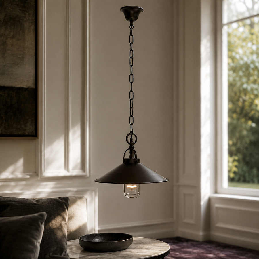 Suspension Iris 7952M bronze dark pendant lamp styled in modern luxury room interior avec classic framing velvet carpet and natural window light creating photorealistic ambiance by Marcottestyle