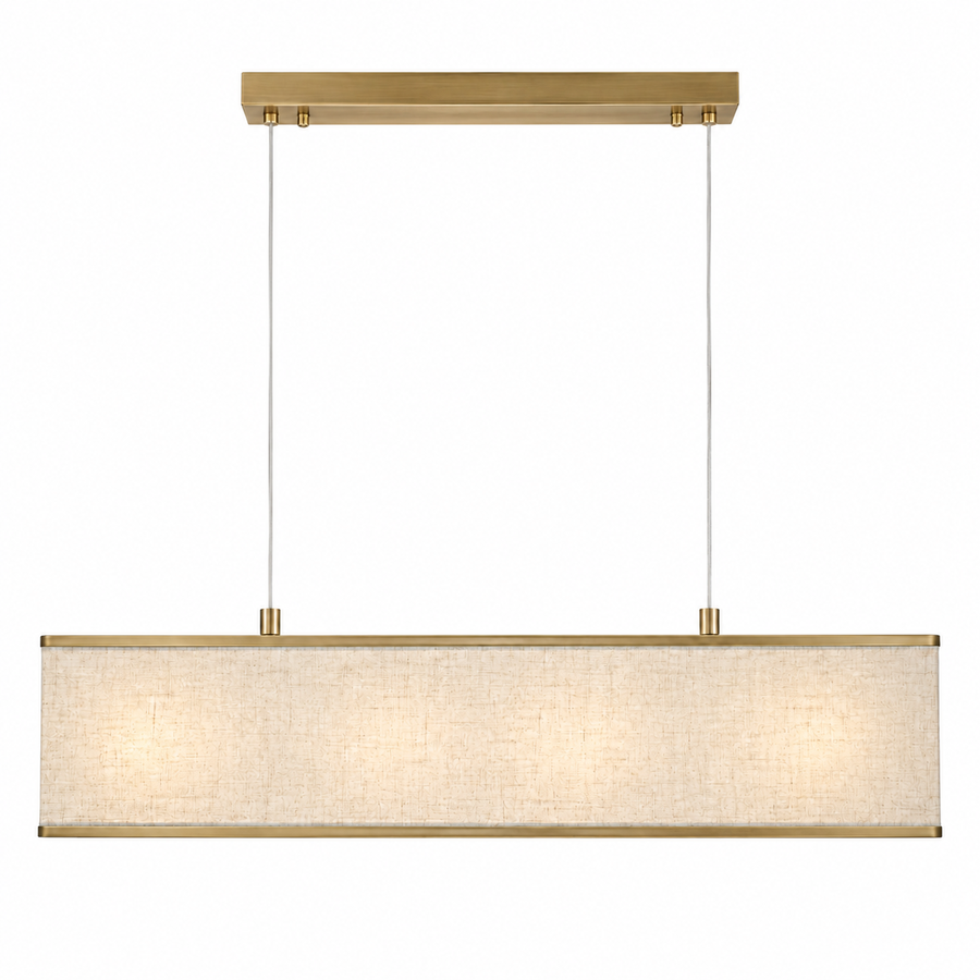 Pendant Light Nita 2441U brass finish front view with lights turned on showing warm glow through shade on white background by Marcottestyle