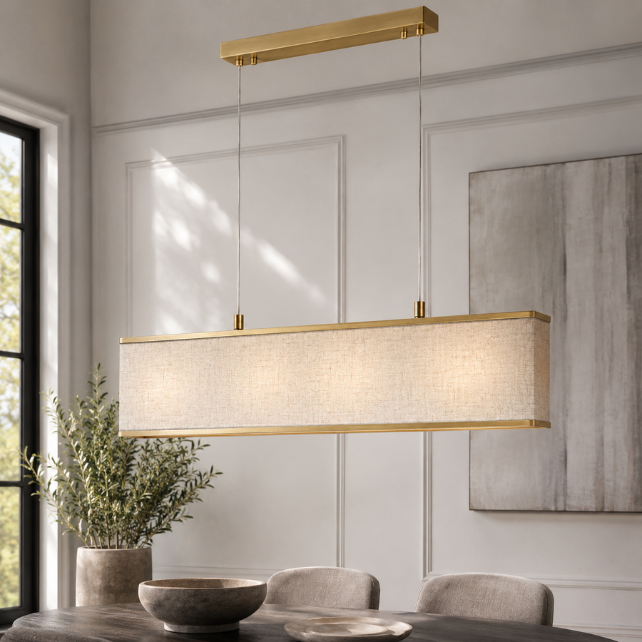 Pendant Light Nita 2441U brass finish styled in modern luxury room with natural window light and photorealistic interior setting by Marcottestyle