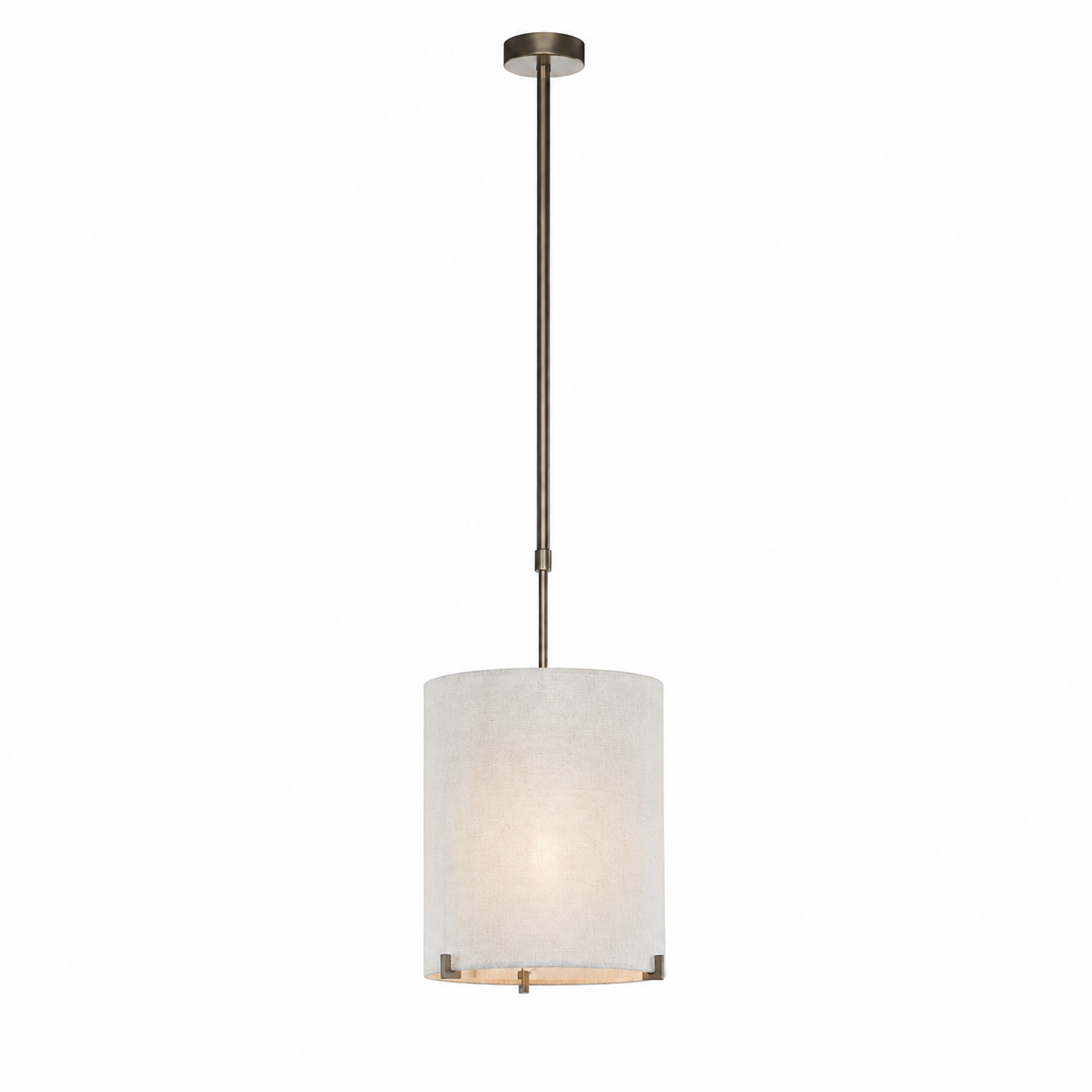 Hängelampe Senja 8419J mit lights turned on, warm glow through bronze fabric shade, single E27 pendant lamp on white background showing illuminated effect by Marcottestyle