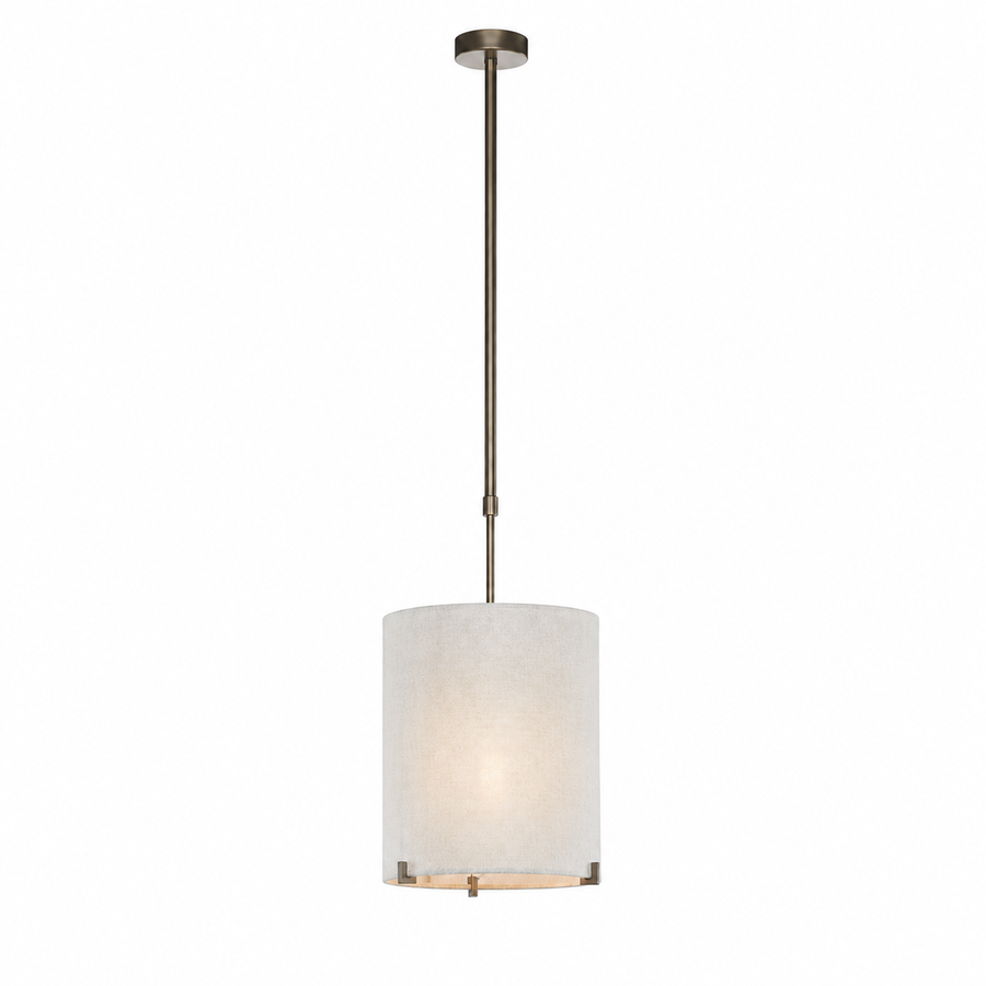 Hängelampe Senja 8419J mit lights turned on, warm glow through bronze fabric shade, single E27 pendant lamp on white background showing illuminated effect by Marcottestyle