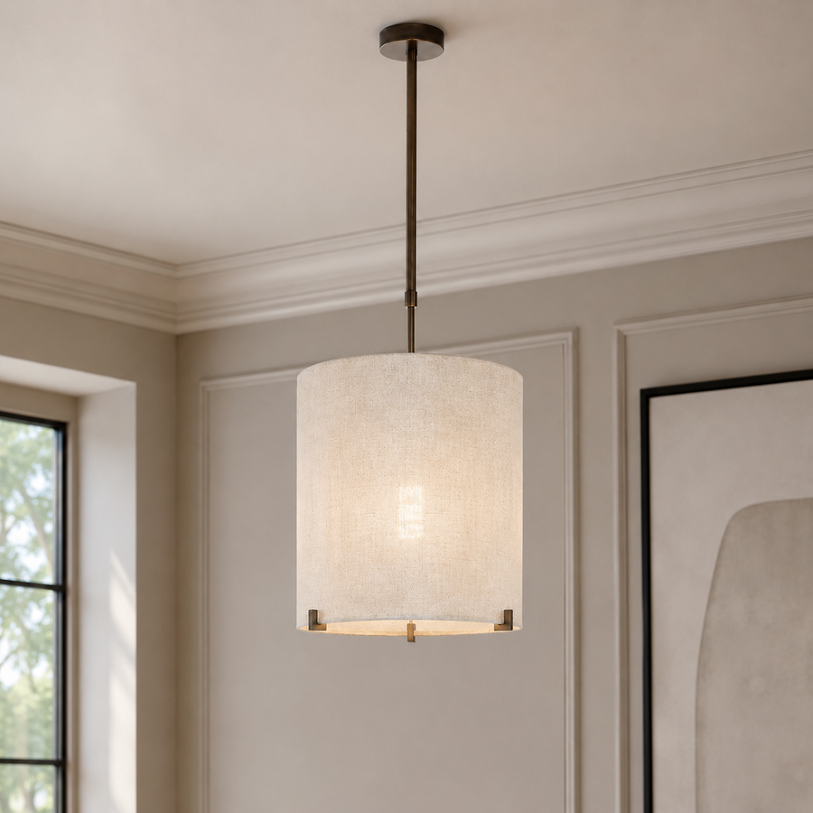 Hängelampe Senja 8419J styled in modern luxury interior room setting, bronze pendant lamp mit natural sunlight and photorealistic reflections by Marcottestyle